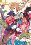  1girl bird black_hair boots bow brown_eyes brown_hair cherry_blossoms closed_eyes cross-laced_footwear egasumi gotou_toushirou hair_bow haori holding_hands in_tree japanese_clothes kimono lace-up_boots little_girl_saniwa_(touken_ranbu) military military_uniform multicolored_hair necktie saniwa_(touken_ranbu) seigaiha sekimo sitting smile streaked_hair touken_ranbu tree uniform 