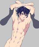  arms arms_up blue_eyes blue_hair disembodied_limb fatherlobin highres idolmaster idolmaster_side-m male_focus muscle navel nipples open_mouth pinned solo taiga_takeru 