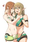  aqua_eyes arm_around_neck armband blonde_hair blush bracelet breasts brown_hair cleavage cowboy_shot green_eyes groin heart holding_hands jewelry large_breasts looking_at_viewer midriff multiple_girls navel open_mouth patty_(pso2) phantasy_star phantasy_star_online_2 pointy_ears short_hair swimsuit tiea tokiwa_midori_(kyokutou_funamushi) white_background 