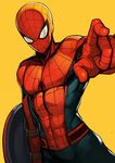  abs animal_print bodysuit captain_america_civil_war evan_yang highres male_focus marvel mask pointing pointing_at_viewer shield simple_background solo spider-man spider-man_(series) spider_print spider_web_print superhero yellow_background 