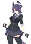  black_gloves black_legwear breasts buttons cardigan checkered checkered_neckwear eyepatch gloves headgear kantai_collection large_breasts looking_at_viewer necktie purple_hair school_uniform short_hair skirt solo sword tenryuu_(kantai_collection) thighhighs weapon yellow_eyes zjsstc 