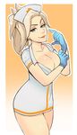  &gt;:) adjusting_clothes adjusting_gloves blue_eyes blue_gloves breast_squeeze breasts cleavage closed_mouth collarbone dress from_side furrowed_eyebrows gloves gradient gradient_background greenmarine half-closed_eyes hat high_ponytail highres index_finger_raised large_breasts light_smile lips lipstick long_hair looking_at_viewer makeup mercy_(overwatch) naughty_face nurse nurse_cap orange_background outline outside_border overwatch ponytail red_lipstick rubber_gloves seductive_smile short_dress short_sleeves smile solo standing thighs v-shaped_eyebrows white_dress white_hair white_hat white_outline wing_collar 