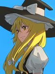  amino_(tn7135) bad_id bad_pixiv_id blonde_hair blue_background bow hair_bow hat hat_ribbon kirisame_marisa lips long_hair looking_away puffy_sleeves ribbon shirt short_sleeves simple_background smile solo touhou upper_body vest witch_hat yellow_eyes 
