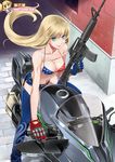  absurdres ahoge american_flag_bikini assault_rifle bare_shoulders belt bikini blonde_hair blue_legwear bra breasts cleavage collarbone flag_print gloves green_eyes ground_vehicle gun highres holding holding_gun holding_weapon leaning_forward long_hair looking_at_viewer m4_carbine medium_breasts motor_vehicle motorcycle navel original parted_lips rifle scan shirotsumekusa short_shorts shorts sitting sleeveless smile solo swimsuit thighhighs trigger_discipline underwear weapon 