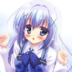  :o bad_id bad_pixiv_id blue_bow blue_eyes blue_hair blue_neckwear blush bow bowtie collared_shirt gochuumon_wa_usagi_desu_ka? hair_ornament highres kafuu_chino kisshii_(kic1224) long_hair long_sleeves looking_at_viewer open_mouth rabbit_house_uniform shirt solo upper_body wing_collar x_hair_ornament 