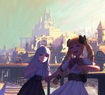  2girls alternate_costume black_bow blonde_hair bow castle day dress elise_(fire_emblem_if) eyes_closed fakewaffle fire_emblem fire_emblem_heroes fire_emblem_if grey_hair hair_bow hand_holding long_hair multicolored_hair multiple_girls nintendo open_mouth outdoors pink_bow purple_hair red_eyes short_sleeves sky twintails veronica_(fire_emblem) 