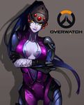  bodysuit breasts center_opening cleavage contrapposto copyright_name cowboy_shot crossed_arms head_mounted_display highres lips long_hair looking_at_viewer medium_breasts overwatch pink_bodysuit ponytail purple_hair purple_skin renshena solo standing very_long_hair widowmaker_(overwatch) yellow_eyes 