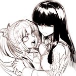  bangs blunt_bangs bow breast_press breasts eye_contact fujiwara_no_mokou greyscale hair_bow hair_ribbon hand_on_another's_shoulder hime_cut houraisan_kaguya long_hair looking_at_another medium_breasts monochrome multiple_girls open_mouth ribbon sketch space_jin suspenders touhou 