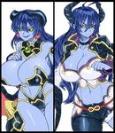  ahoge asmodeus_(shinrabanshou) astaroth_(shinrabanshou) asymmetrical_clothes black_sclera blue_hair blue_skin breasts bridal_gauntlets choker cleavage collage covered_nipples demon_girl demon_horns earrings hair_between_eyes heart heart_earrings highres horns huge_breasts jewelry long_hair low_wings multiple_girls pointy_ears revealing_clothes shinrabanshou single_pantsleg space_jin textless thigh_gap wings yellow_eyes 