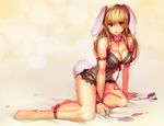  animal_ears barefoot blonde_hair breasts bunny_ears bunnygirl cleavage erect_nipples garter original photoshop red_eyes tail wristwear yanagiya_hajime 