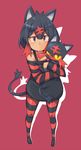  animal_ears bare_shoulders black_hair cat_ears cat_tail commentary_request gen_7_pokemon kuromiya litten long_sleeves personification pokemon pokemon_(creature) short_hair solo striped striped_legwear tail thighhighs 