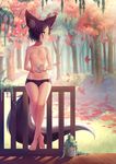  animal_ears autumn autumn_leaves bare_legs barefoot black_panties borrowed_character brown_hair coffee coffee_mug collarbone cup fence flat_chest forest fox_ears fox_tail full_body grass highres holding holding_cup lexi_(lurkios) looking_to_the_side mug nature navel nipples original outdoors panties paws plant potted_plant rimuu short_hair sitting solo steam stomach tail thigh_gap topless underwear wooden_fence wooden_floor yellow_eyes 