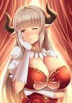  ;) alicia_(granblue_fantasy) armor armored_dress bangs blonde_hair blunt_bangs blush breasts closed_mouth curtains detached_collar draph dress earrings elbow_gloves eyebrows eyebrows_visible_through_hair gloves granblue_fantasy hand_on_own_cheek head_tilt horns huge_breasts jewelry long_hair looking_at_viewer one_eye_closed pointy_ears red_dress red_eyes smile solo strapless strapless_dress upper_body very_long_hair white_gloves zukky 