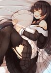  agano_(kantai_collection) alternate_costume apron bare_shoulders black_hair black_legwear blush breasts closed_eyes enmaided frilled_pillow frills garter_straps kantai_collection long_hair long_sleeves lying maid maid_apron medium_breasts on_side open_mouth pillow pillow_hug plan_(planhaplalan) sleeping solo thighhighs 