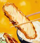  bowl chopsticks food katsu_(food) meat no_humans original rice signature steam still_life ten&#039;non yellow_background 