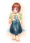  :d barefoot blue_pants blush breasts brown_eyes brown_hair coffee coffee_mug collarbone crossed_legs cup denim feet full_body green_shirt highres holding holding_cup jeans knees_up looking_to_the_side medium_breasts mug open_mouth original pants shigatsu_itsuka shirt short_hair short_sleeves sitting smile solo t-shirt toenails toes tsurime 
