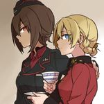  blonde_hair blue_eyes brown_eyes brown_hair cup darjeeling girls_und_panzer hand_on_another's_shoulder holding holding_cup kuromorimine_military_uniform military military_uniform multiple_girls nishizumi_maho ree_(re-19) saucer short_hair st._gloriana's_military_uniform teacup uniform 