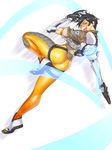  ass black_hair bodysuit commentary_request dual_wielding from_behind gloves goggles gun handgun highres holding jacket looking_at_viewer looking_back open_mouth orange_bodysuit overwatch shoes short_hair smile sneakers solo spiked_hair taka-michi tracer_(overwatch) weapon 