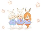  3girls :3 adapted_costume animal_ears arctic_hare_(kemono_friends) blush bow bowtie brown_eyes brown_hair bunny_ears child commentary_request curly_hair european_hare_(kemono_friends) eyebrows_visible_through_hair eyes_closed fur_collar hair_over_one_eye kemono_friends kindergarten_uniform long_hair long_sleeves moeki_(moeki0329) mountain_hare_(kemono_friends) multicolored_hair multiple_girls name_tag nose_blush open_mouth pantyhose pleated_skirt red_eyes short_hair skirt white_hair younger 