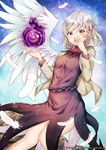  covering_mouth feathers kaio_(watagami) kishin_sagume occult_ball red_eyes silver_hair single_wing solo touhou wings 