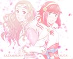  back-to-back blush brown_eyes brown_hair capelet character_name fire_emblem fire_emblem_if hairband headband kazahana_(fire_emblem_if) long_hair multiple_girls open_mouth petals pink_hair sakura_(fire_emblem_if) simple_background tico wavy_hair white_background 