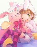  animal_hood bangs blonde_hair blunt_bangs blush blush_stickers bunny_hood green_eyes heart himeno_kanon hood idolmaster idolmaster_side-m male_focus nona_(831korokke) open_mouth pillow shawl shirt sitting smile solo striped striped_legwear striped_shirt stuffed_animal stuffed_bunny stuffed_toy thighhighs 