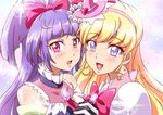  asahina_mirai black_gloves blush bow cure_magical cure_miracle earrings gloves hair_bow hairband hat interlocked_fingers izayoi_liko jewelry long_hair looking_at_viewer magical_girl mahou_girls_precure! mini_hat mini_witch_hat multiple_girls open_mouth pink_eyes precure purple_eyes purple_hair smile washizuka_shou white_gloves witch_hat 