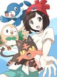  brown_eyes brown_hair female_protagonist_(pokemon_sm) hat litten pokemon pokemon_sm popplio rowlet smile 