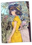 :o bag blue_eyes border brown_hair canvas_(object) commentary dress dutch_angle eyepatch flat_color flower garden hat horiizumi_inko indoors looking_at_viewer looking_back original plant short_hair solo window yellow_dress 