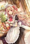  :d apron ascot blonde_hair blush cake clock cup flower food frills fruit hair_ornament hairclip headdress highres holding hourglass long_hair looking_at_viewer macaron madogawa maid maid_headdress muffin open_mouth original plant red_eyes saucer smile solo strawberry sunlight teacup teapot tiered_tray tray vase window wrist_cuffs 