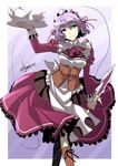  closed_mouth corset cup dagger dated eiyuu_densetsu green_eyes holding holding_tray holding_weapon looking_at_viewer maid maid_headdress morisaki_kurumi purple_hair sen_no_kiseki sharon_kruger simple_background smile solo string teacup teapot tray twitter_username weapon 