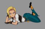  1girl absurdres android_18 ass blonde_hair blue_eyes bob_cut bracelet breasts brown_gloves closed_mouth denim dragon_ball dragonball_z earrings feet full_body gloves grey_background head_rest highres hoop_earrings jeans jewelry legs looking_away lying medium_breasts necklace on_stomach pants pearl_necklace shirt shoes short_hair simple_background solo sunsetriders7 thighs white_shirt 