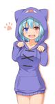  :d animal_hood bare_legs blue_eyes blue_hair blush cat_hood cowboy_shot eyebrows eyebrows_visible_through_hair garasuita heterochromia highres hood hoodie long_sleeves open_mouth paw_pose red_eyes shiny shiny_skin short_hair simple_background smile solo standing tatara_kogasa thighs touhou white_background 