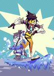  :d ^_^ beads bodysuit brown_hair closed_eyes gloves goggles grin hair_bun hair_ornament hair_stick ice mei_(overwatch) multiple_girls open_mouth orange_bodysuit overwatch parka setz short_hair smile tracer_(overwatch) union_jack 