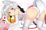  :3 all_fours animal_ears ass bandages bare_shoulders bell commentary_request detached_sleeves floral_background fox_ears fox_tail from_behind japanese_clothes jingle_bell looking_at_viewer looking_back marisayaka original panties red_eyes sarashi sheath sheathed short_hair silver_hair solo sword tail thighhighs tongue tongue_out underwear weapon white_legwear white_panties 