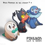  absurdres beak bird black_eyes bubble cat closed_mouth copyright_name full_body gen_7_pokemon highres kame_(kame340) litten no_humans open_mouth owl pink_nose pointy_ears pokemon pokemon_(creature) popplio red_eyes rowlet simple_background smile yellow_sclera 