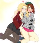  2girls absurdres blonde_hair blue_eyes blush breasts brown_eyes brown_hair creatures_(company) eyebrows female_protagonist_(pokemon_swsh) game_freak hat highres long_hair matching_hair/eyes multiple_girls nintendo open_mouth otxoa60 panties pokemon pokemon_swsh shirt short_hair skirt underwear yuri 