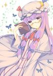  absurdres aozora_nan bespectacled blush book bow crescent dress glasses hair_bow highres long_hair looking_at_viewer multicolored multicolored_eyes patchouli_knowledge purple_eyes purple_hair solo striped touhou vertical-striped_dress vertical_stripes yellow_eyes 