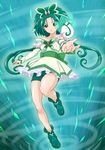  akimoto_komachi arm_warmers bare_legs bare_shoulders bike_shorts brooch butterfly_hair_ornament collarbone cure_mint dengeki_gx earrings expressionless frills full_body green_background green_eyes green_footwear green_hair green_shorts hair_ornament highres jewelry long_hair magical_girl precure shoes shorts shorts_under_skirt skirt solo standing standing_on_one_leg twintails white_skirt yes!_precure_5 