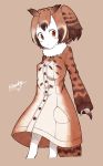  1girl absurdres bird_tail bird_wings blush brown_eyes brown_hair buttons coat commentary_request cowboy_shot enk_0822 eurasian_eagle_owl_(kemono_friends) eyebrows_visible_through_hair fur_collar gloves head_wings highres kemono_friends long_sleeves multicolored_hair owl_ears pantyhose short_hair solo white_hair wings 