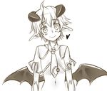  alp_(monster_girl_encyclopedia) androgynous bat_wings caleana crop_top demon_girl flat_chest greyscale head_tilt heart horns looking_at_viewer low_wings monochrome monster_girl monster_girl_encyclopedia navel necktie pointy_ears short_hair simple_background smile solo succubus upper_body white_background wings 
