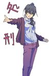  bad_id bad_pixiv_id black_hair buttons catchphrase dai_tenkuu_kaien hair_over_shoulder head_tilt highres long_hair long_sleeves looking_at_viewer lovepon mayoiga outstretched_arm pants ponytail purple_pants shirt simple_background standing translated white_background white_shirt yellow_eyes 