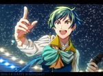 blue_hair bracelet brown_eyes close-up happy_birthday idolmaster idolmaster_side-m igari_leo ikuwataru_nagomi jewelry letterboxed looking_up male_focus microphone moon_(ornament) night night_sky open_mouth pointing scarf sky smile solo sparkle stage_lights star_(sky) starry_sky upper_body 