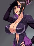 black_hair bodysuit breasts capcom cleavage eyepatch han_juri huge_breasts purple_eyes solo street_fighter street_fighter_v tongue_out twin_drills 