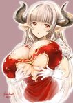  alicia_(granblue_fantasy) artist_name blush breasts center_opening cleavage dated draph dress earrings gloves granblue_fantasy horns huge_breasts jewelry long_hair looking_at_viewer open_mouth paizuri_invitation pointy_ears red_eyes shimao_kazu silver_hair simple_background solo spread_cleavage sweatdrop white_gloves 