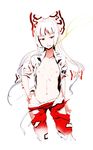  arm_belt bangs blunt_bangs bow buckle cigarette collarbone collared_shirt contrapposto cowboy_shot flat_chest fujiwara_no_mokou groin hair_bow highres lips long_hair looking_at_viewer midriff mouth_hold navel nipples no_bra ofuda open_clothes open_shirt panties pants pants_pull panty_pull parted_lips red_eyes red_pants shirt short_sleeves simple_background sinzan solo standing stomach teeth torn_clothes torn_pants torn_shirt touhou tsurime underwear very_long_hair white_background white_bow white_hair white_panties white_shirt wing_collar 