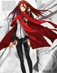  arm_at_side arm_up belt black_pants cape contrapposto detached_sleeves floating_hair hand_in_hair harmony_(itou_keikaku) kirie_tuan long_hair long_sleeves pants purple_eyes red_cape red_hair solo standing tanikku torn_cape 