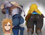  1boy 2girls all_fours ass ass_focus blonde_hair blue_eyes cameltoe from_behind link multiple_girls nintendo pants pointy_ears princess_zelda raichiyo sheik simple_background sketch skin_tight the_legend_of_zelda the_legend_of_zelda:_breath_of_the_wild tight tight_pants 