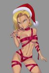  1girl absurdres android_18 blonde_hair blue_eyes bob_cut breasts candy candy_cane covering covering_crotch covering_nipples dragon_ball dragonball_z earrings food functionally_nude fur_trim grey_background groin hat highres jewelry legs legs_apart looking_at_viewer medium_breasts navel nude santa_hat sexually_suggestive short_hair simple_background solo standing sunsetriders7 thighs 