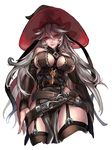  arms_at_sides belt between_breasts black_legwear breasts cape detached_sleeves from_below garter_straps granblue_fantasy hair_between_eyes hat highres kumiko_shiba large_breasts long_hair looking_at_viewer magisa_(granblue_fantasy) pelvic_curtain red_eyes shade silver_hair simple_background smile solo thighhighs white_background witch_hat 